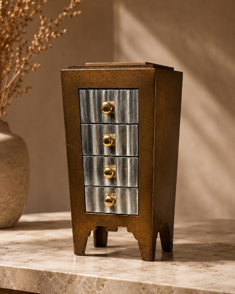 Artmax Bronze Silver Metal Large Jewelry Box 4 Drawer Vintage Rare Unique 80s